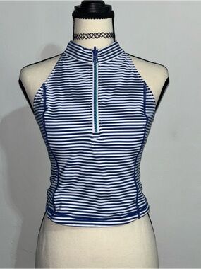 Vineyard Vines Reversible Geo-Print/Stripe Halter Zip Top in Navy, White & Teal